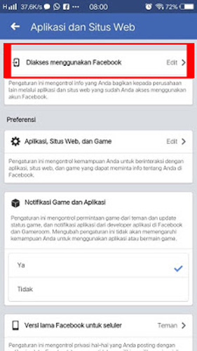 Pilih Dikses menggunakan Facebook