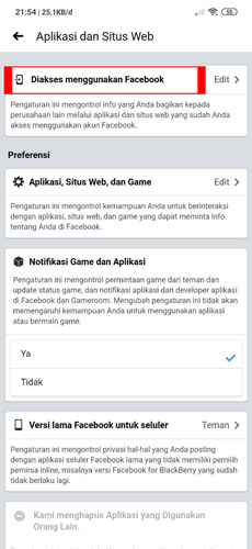 Pilih Menu Diakses menggunakan Facebook