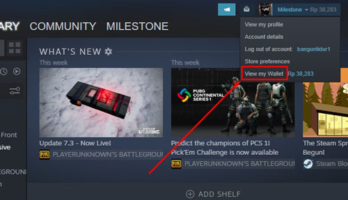 Kemudian klik profil steam sobat yang berada di pojok kanan atas dan klik View My Wallet