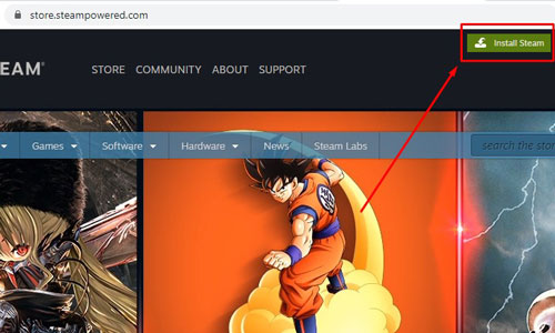 Lalu sobat klik Install Steam yang berada di bagian pojok kanan atas atau disebelah kiri menu Login.