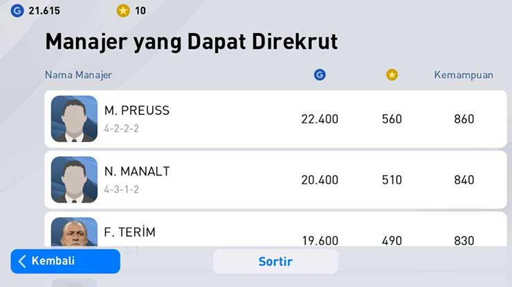 Pilih salah satu Manager dengan pola permainan terbaik