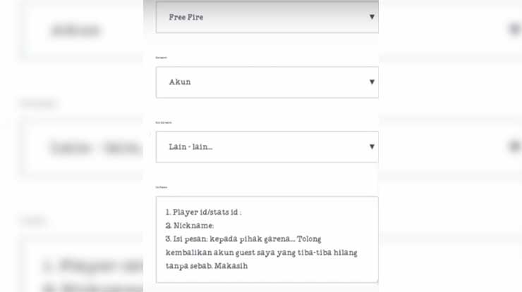 Lengkapi data pemain nickname dan permohonan pengembalian akun Guest Free Fire yang hilang