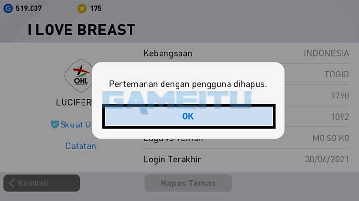 Hapus Teman Berhasil
