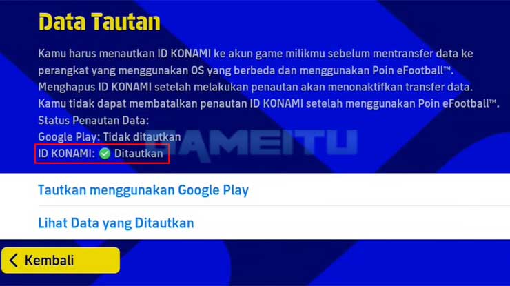 Berhasil Menghubungkan Akun PES ke ID Konami