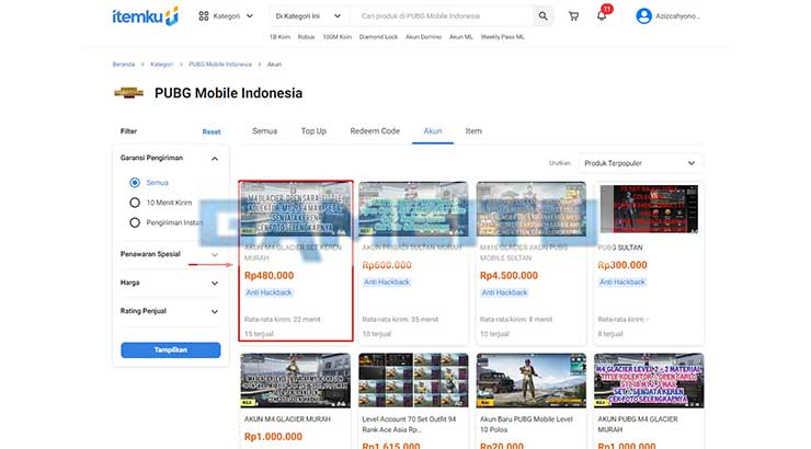 Cari dan Pilih Akun PUBG Mobile